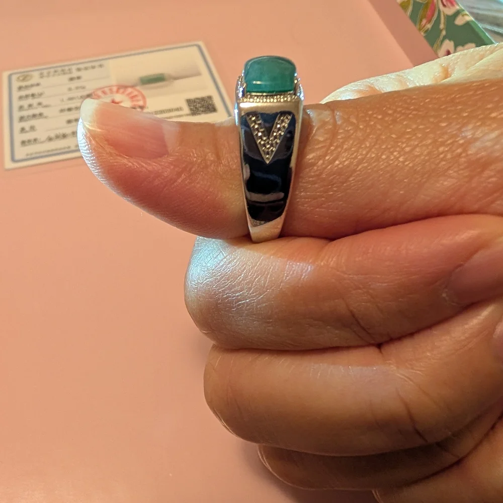 Silver Ring with Blue/Green Burmese Jadeite Jade UNISEX Adjustable Ring.